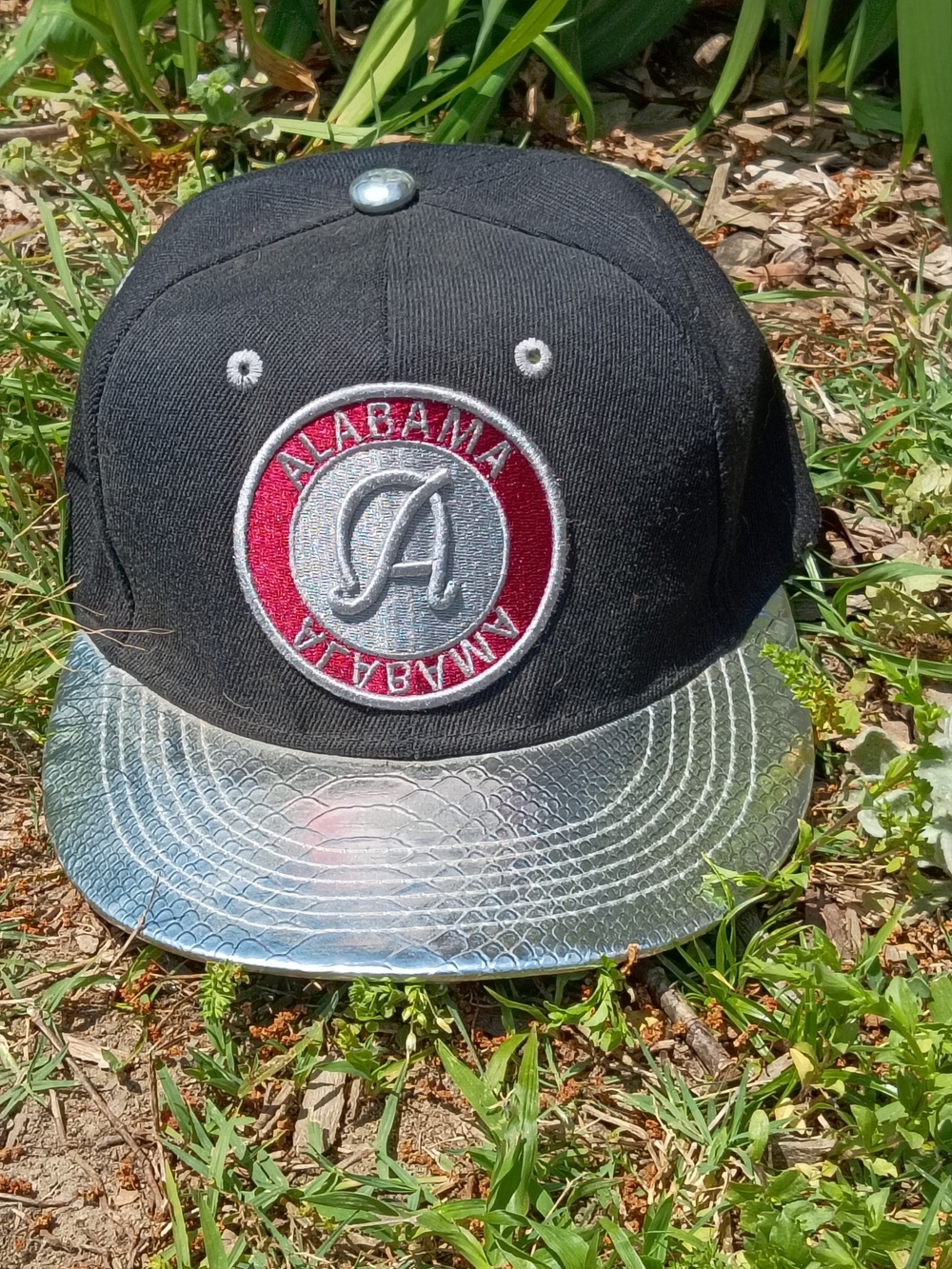 Alabama Embroidered Croc Embossed Black Snapback Hat with Metallic Silver Brim